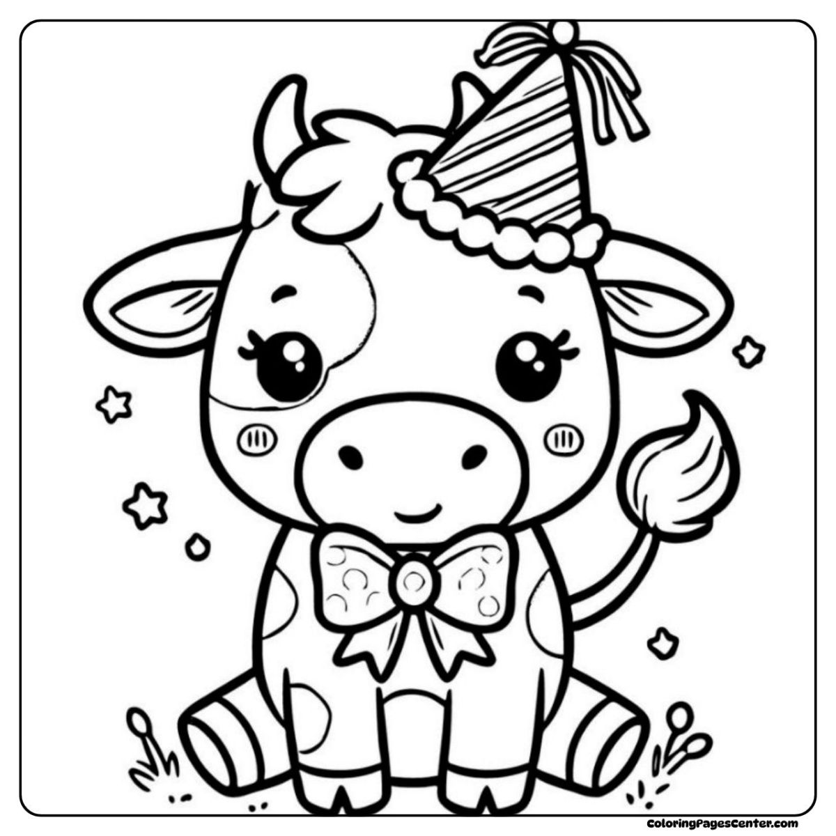 Happy birthday cow image to color, all dressed up for the big celebration