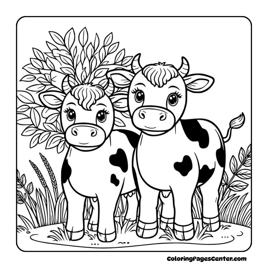Cow coloring pages of cartoon cows near flowers and plants