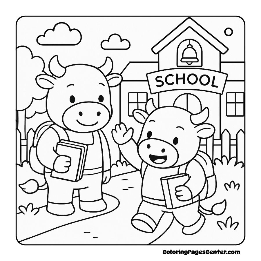 Cow coloring pages with cows walking near a school building