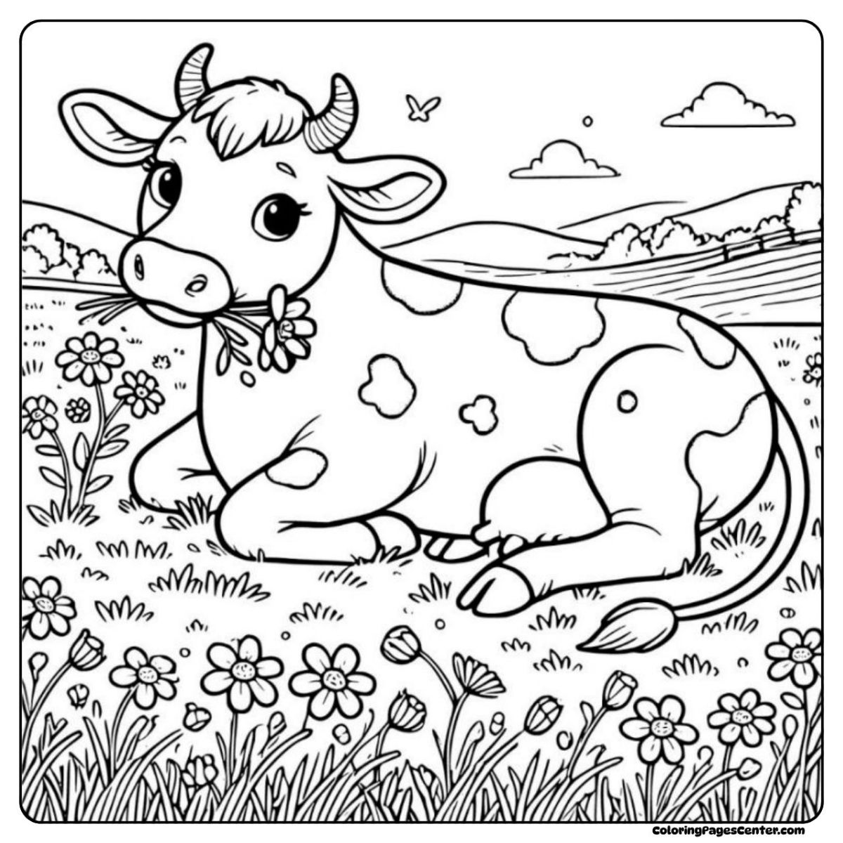 Dairy cow picture lying in the grass, flowers blooming all around