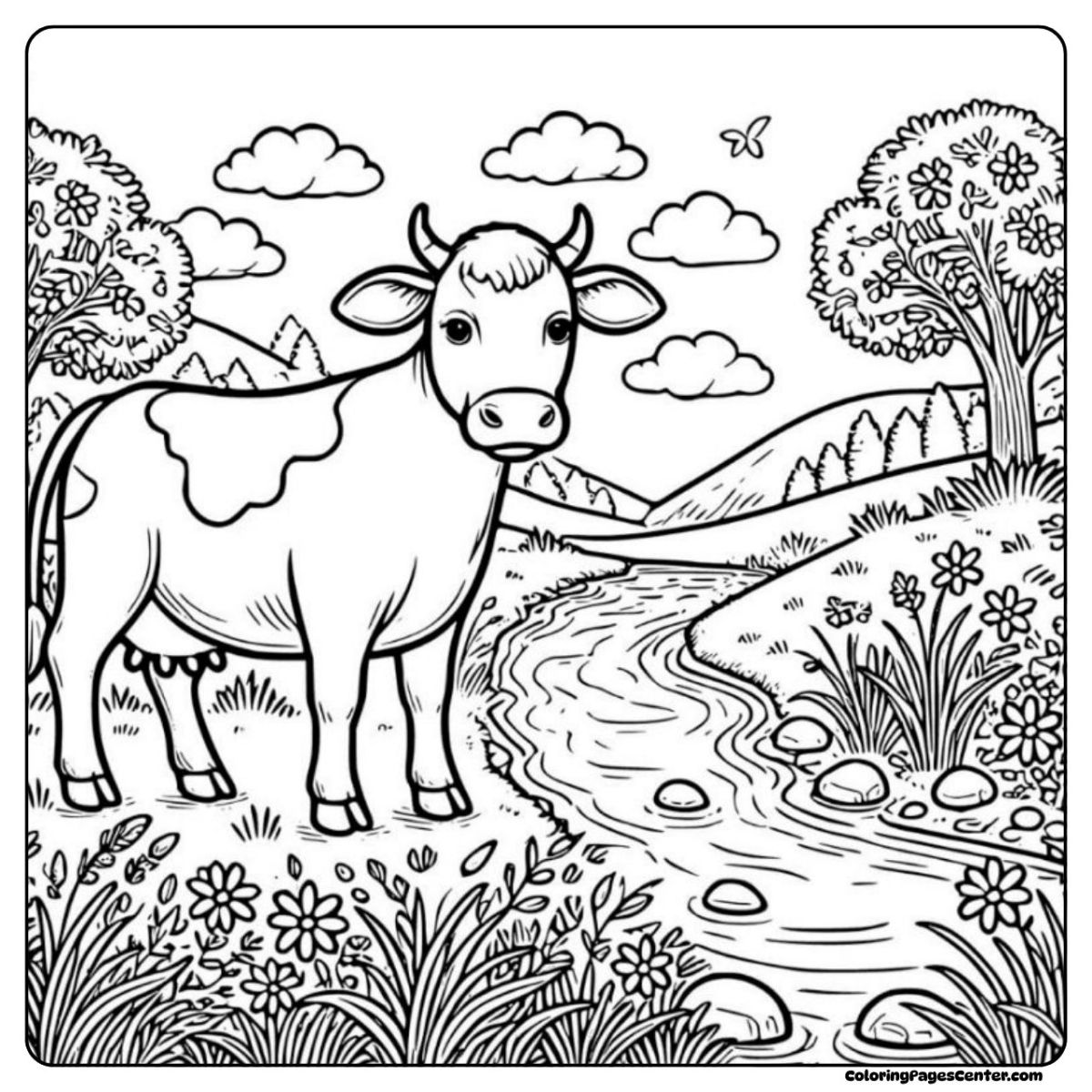 Dairy cow art page with calm river, green hills, and fresh country air