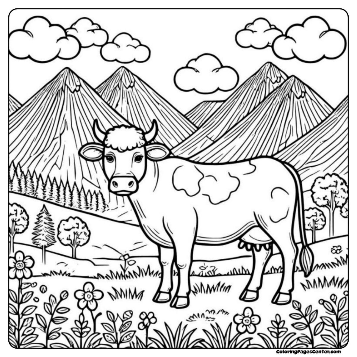 Dairy cow artwork with green hills, wildflowers, and mountain views