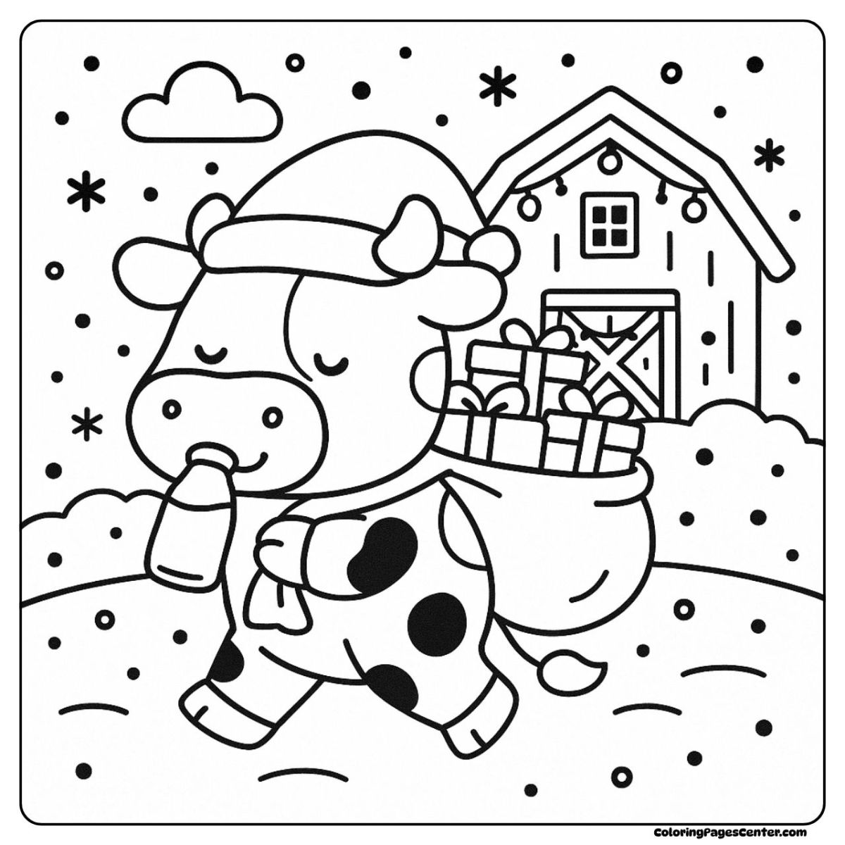 Dairy cow drawing with gift sack, walking past a winter barn under falling snow