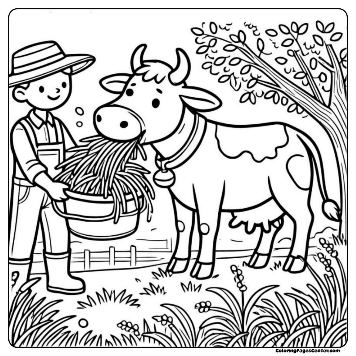 Dairy cow coloring page with a farmer feeding her fresh grass Farmer feeding a dairy cow coloring page with grass under a tree