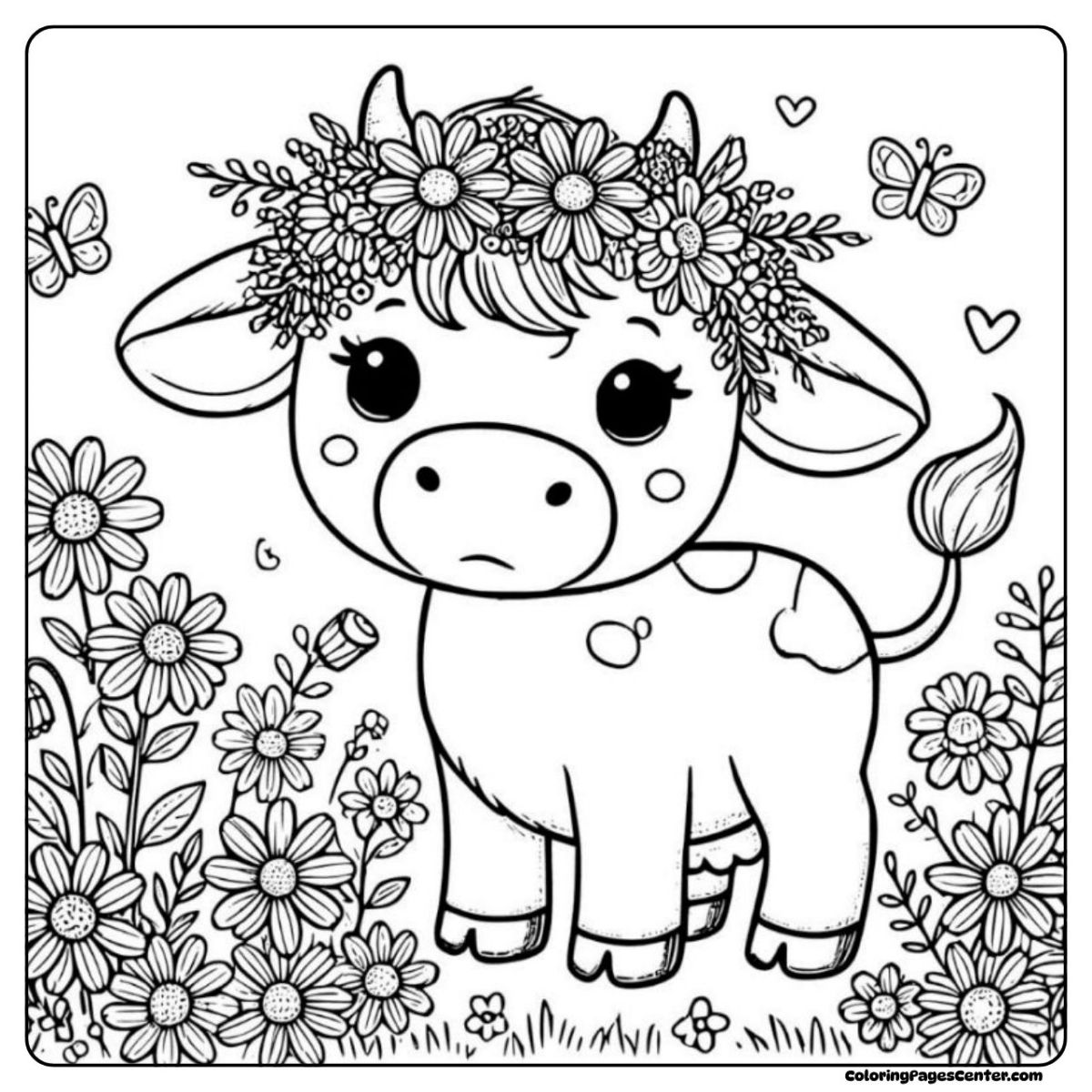 Dairy cow coloring page with a flower crown and butterflies Dairy cow coloring page showing flowers, grass, and butterflies
