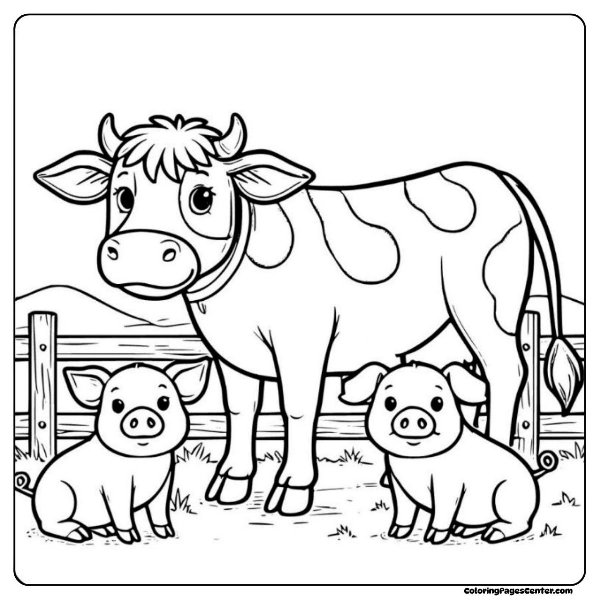 Dairy cow and piglets coloring page in a bright farmyard scene