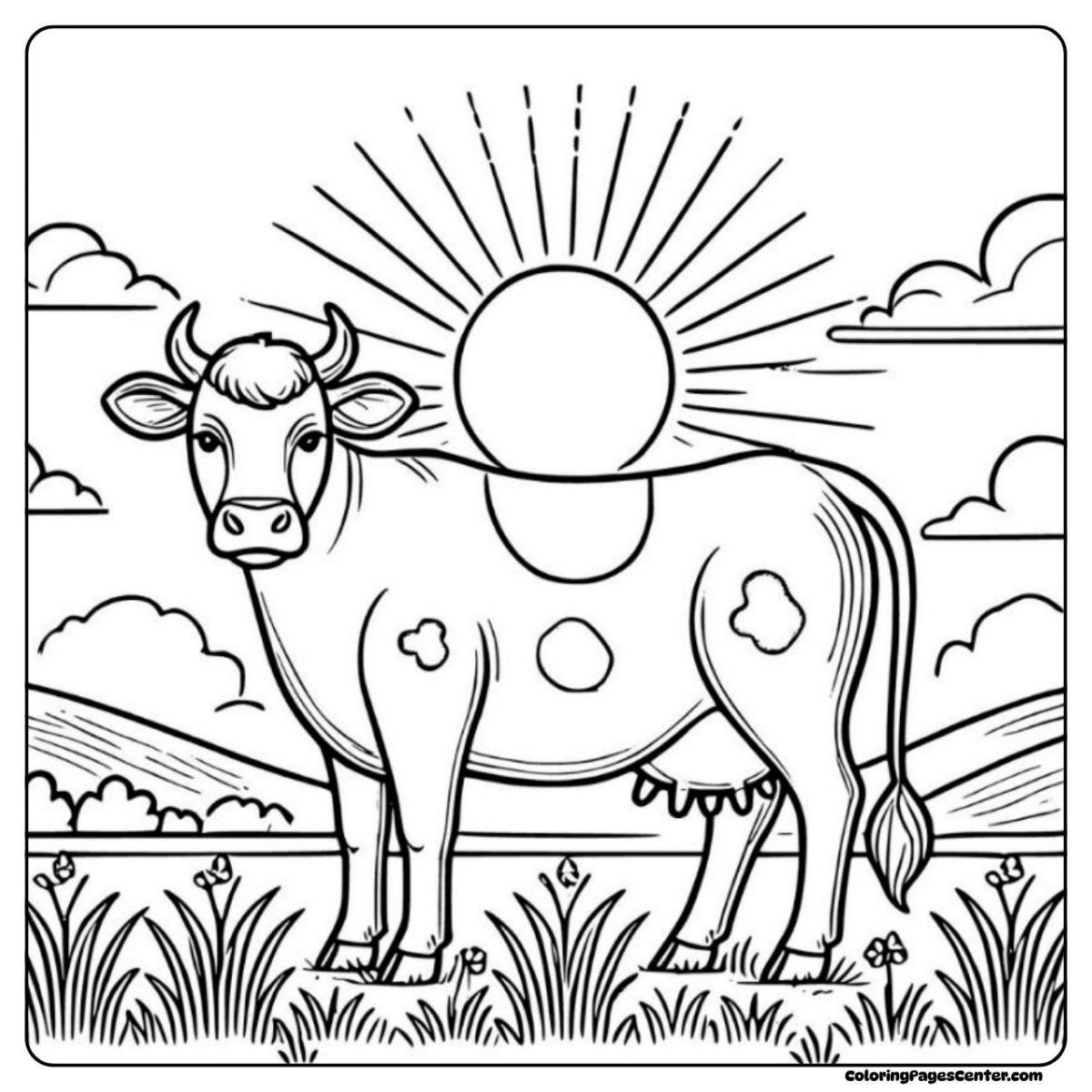 Dairy cow coloring page standing in a sunny field at sunrise