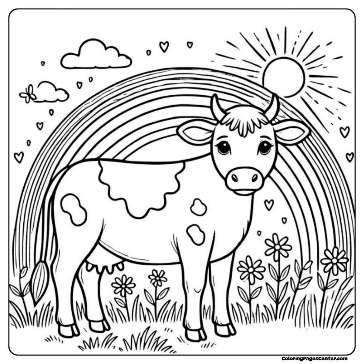 Dairy cow drawing with a bright rainbow and fields of wildflowers