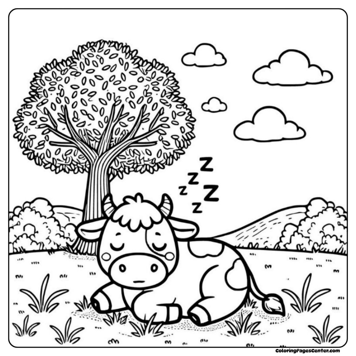 Dairy cow coloring image sleeping quietly under a big leafy tree
