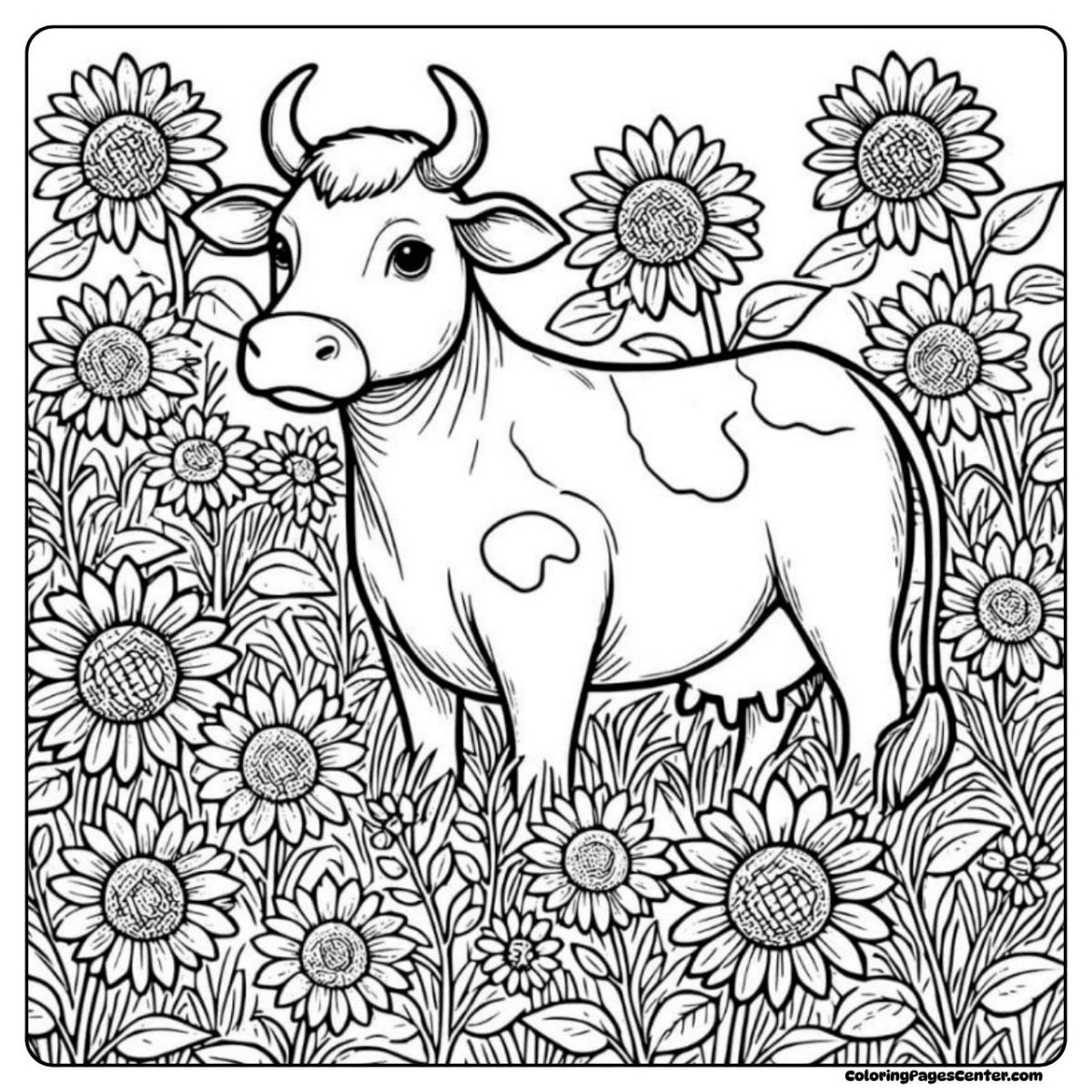 Dairy cow coloring image standing tall in a field of blooming sunflowers