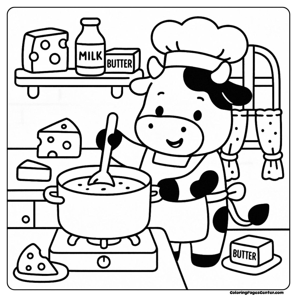 Dairy cow image cooking soup, surrounded by cheese and butter in the kitchen
