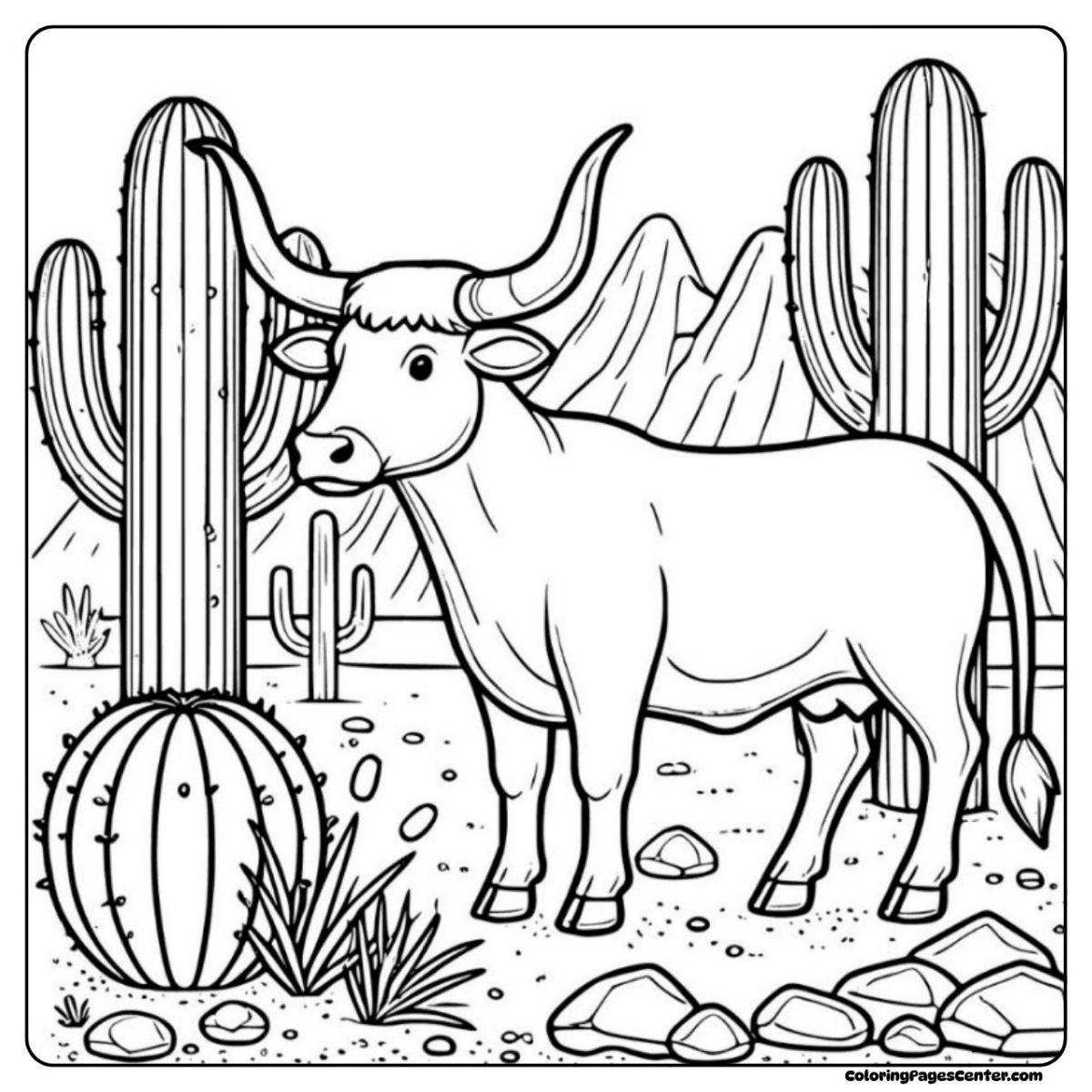Longhorn cow coloring sketch with cactus, rocks, and mountain view