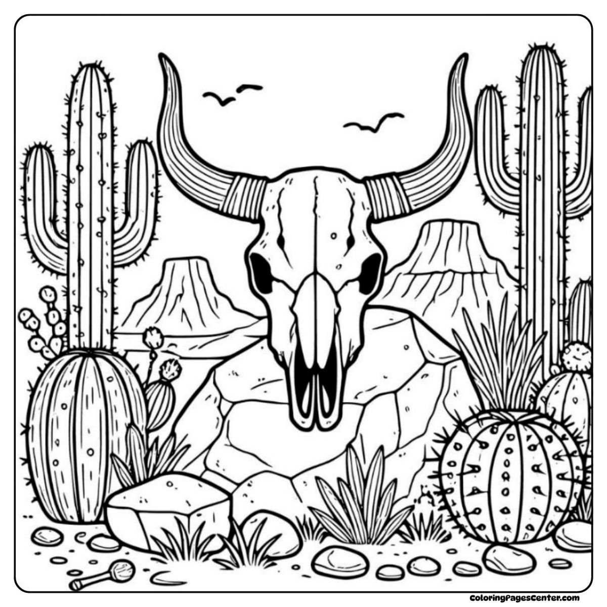 Cow skull coloring page set in a cactus-filled desert landscape