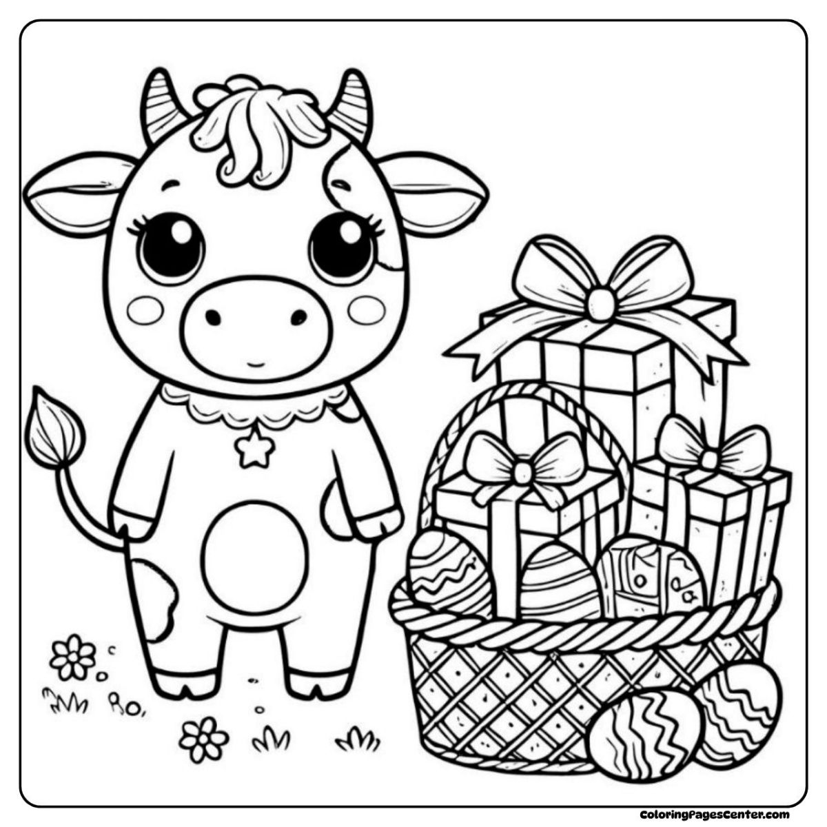 Joyful easter cow coloring page with gifts and egg basket