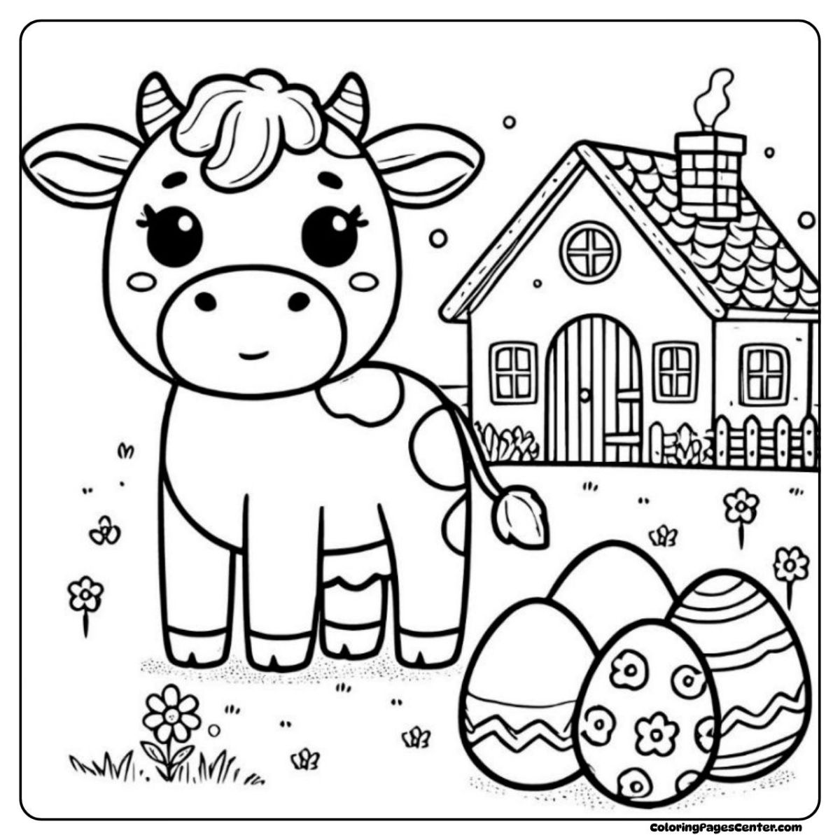 Gentle easter cow coloring page near house and eggs