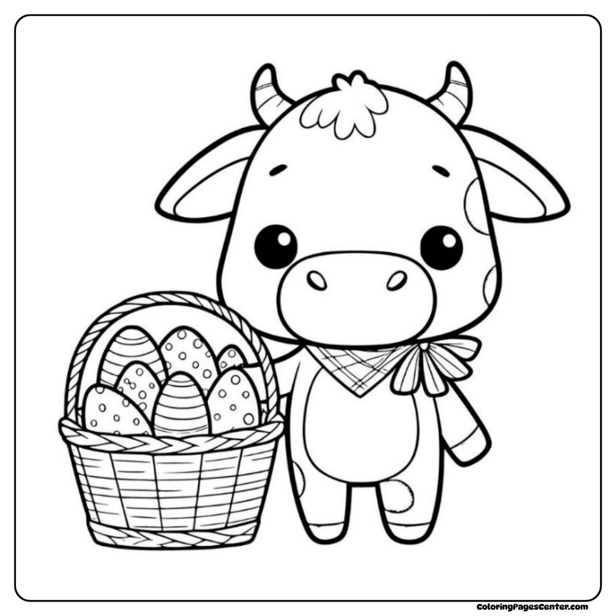 Sweet easter cow coloring page with big basket of eggs