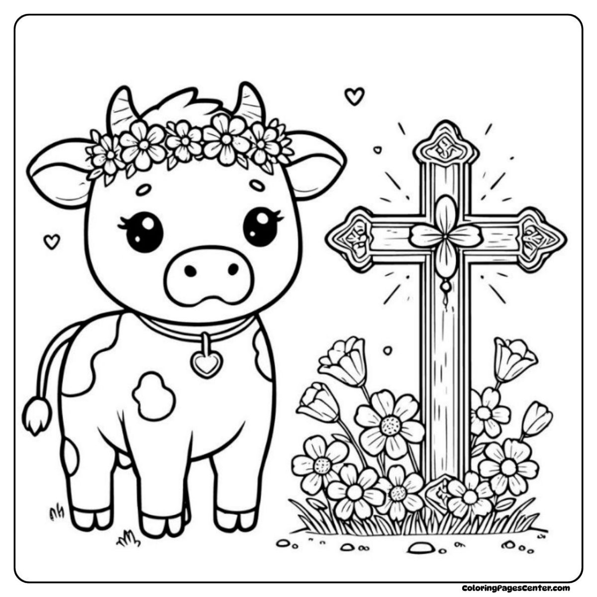 Easter cow coloring page near a cross and wildflowers Gentle easter cow coloring page with cross and flowers