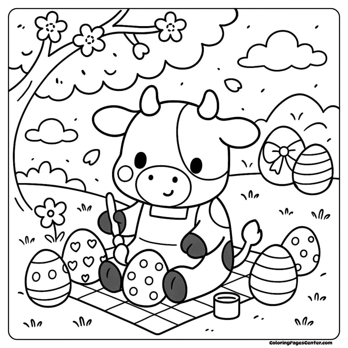 Delightful easter cow coloring page with outdoor egg painting