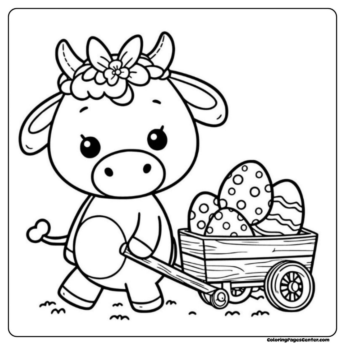 Cheerful easter cow coloring page with egg wagon