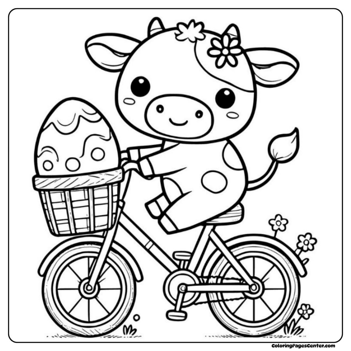 Cute easter cow coloring page on bike with big egg