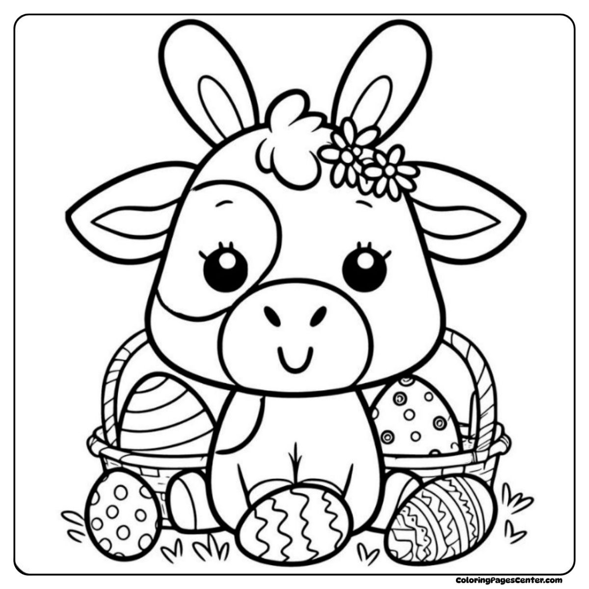 Happy easter cow coloring page surrounded by egg baskets