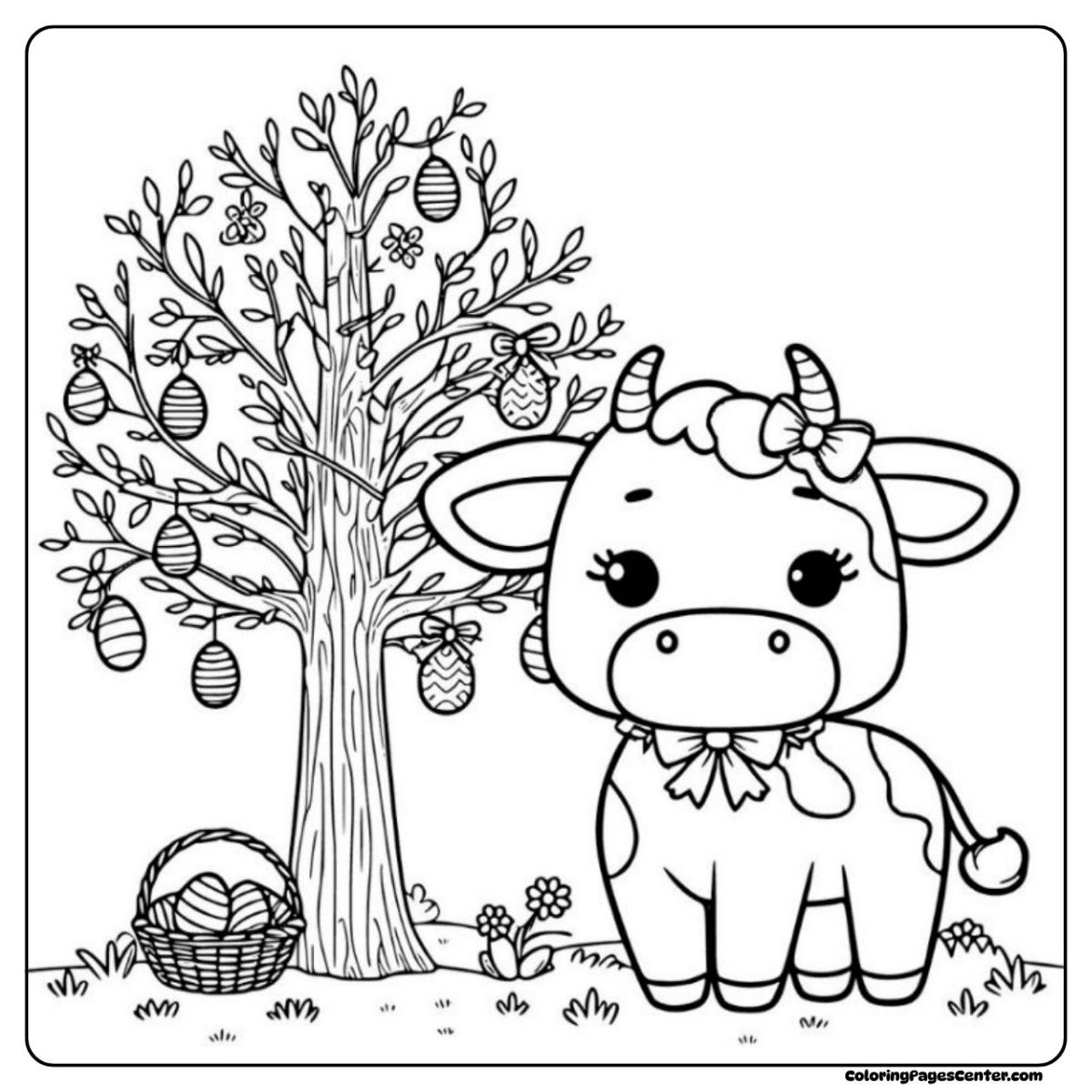 Happy easter cow coloring page with tree full of eggs