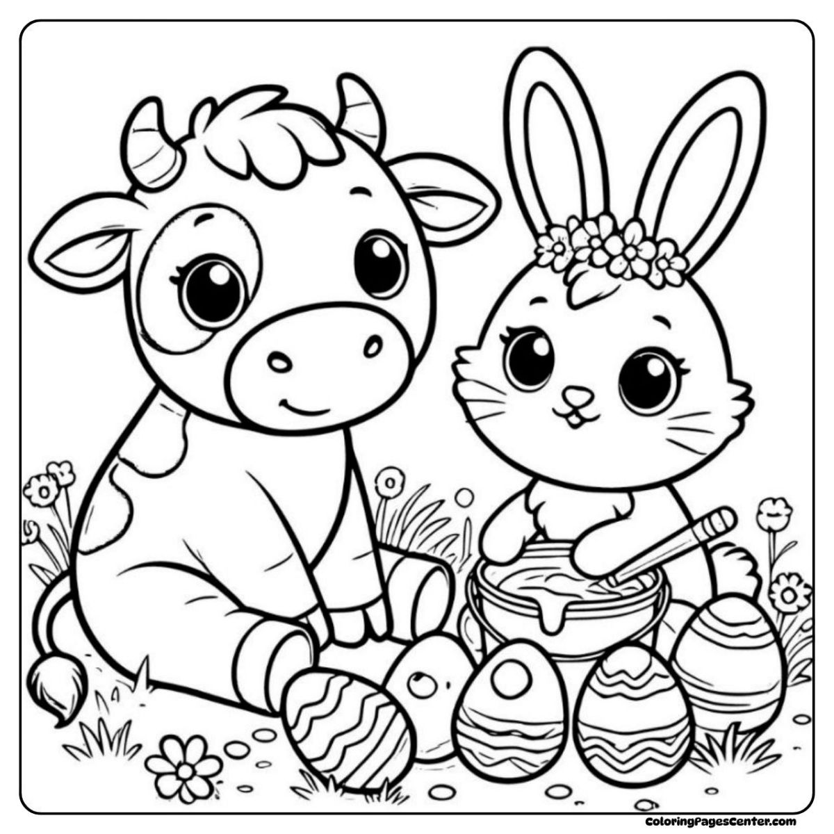 Easter cow coloring page with bunny and painted eggs Fun easter cow coloring page sharing eggs with bunny friend