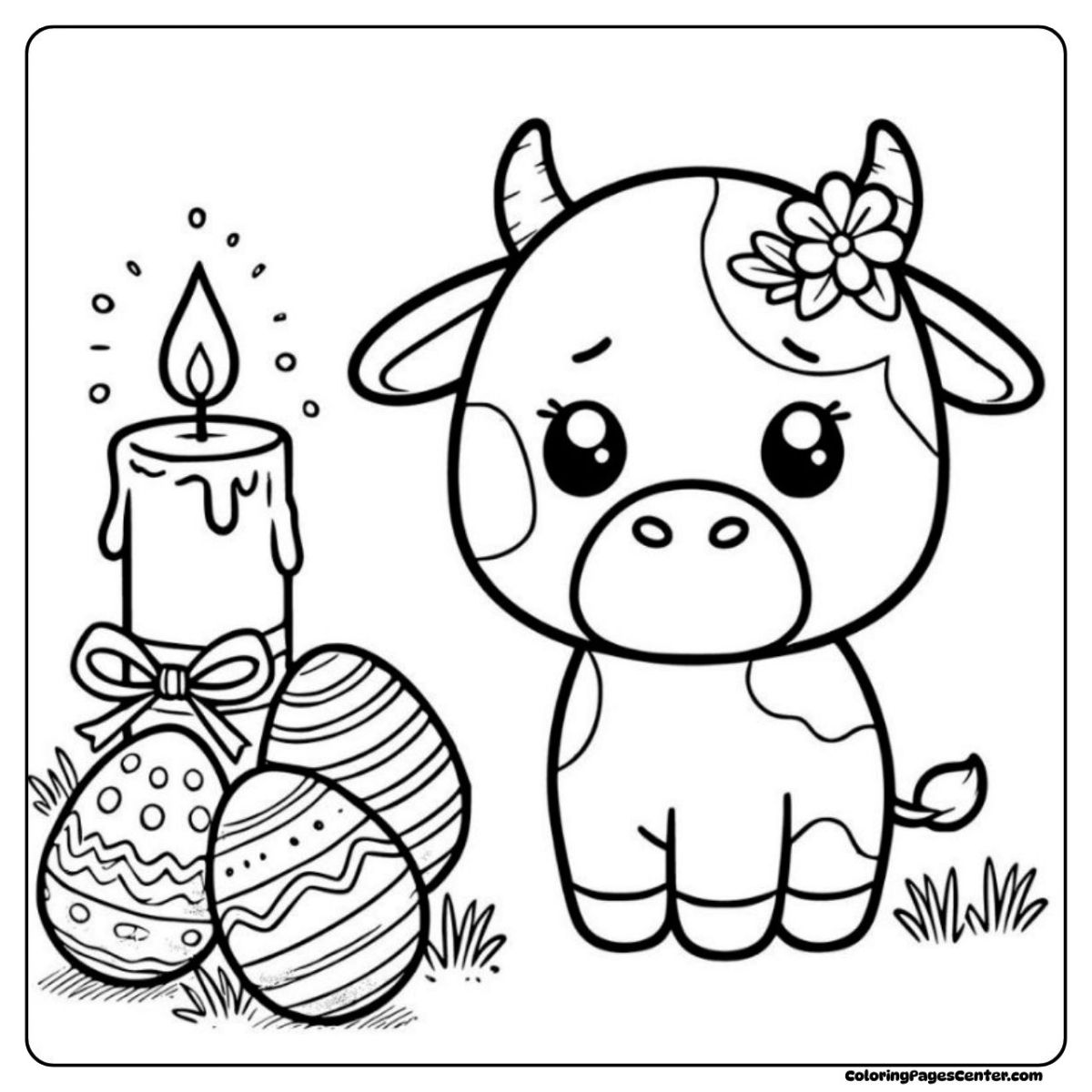 Sweet easter cow coloring page with eggs and a candle
