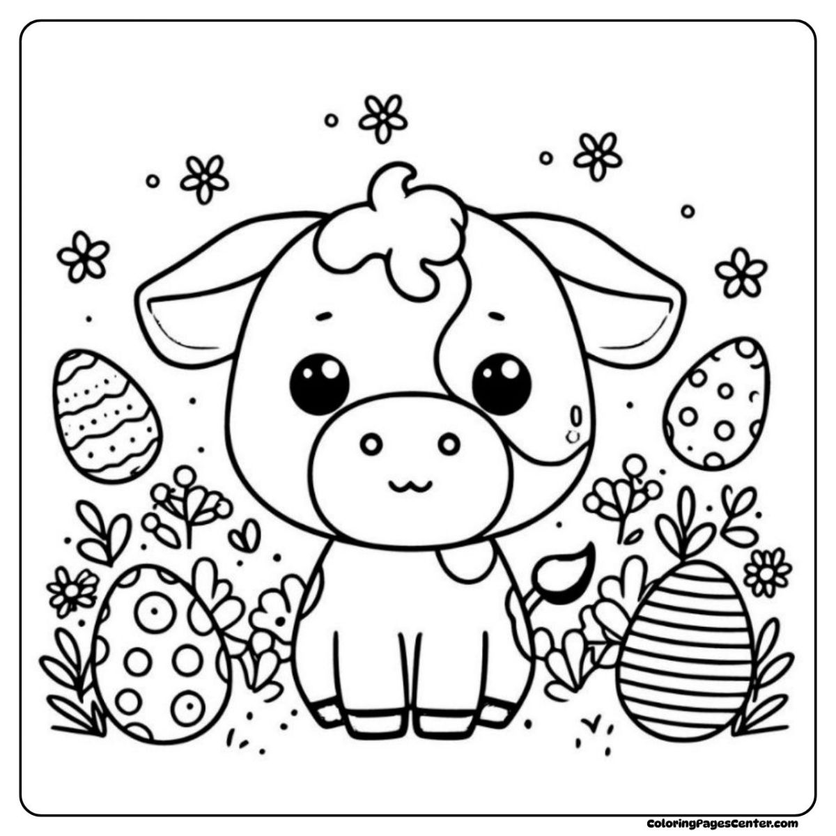 Lovely easter cow coloring page in a field of eggs and flowers