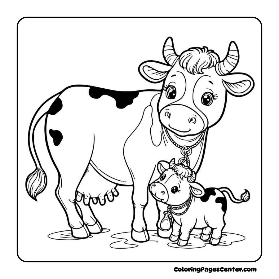 Cow coloring pages of a stylish cow and her baby with necklaces