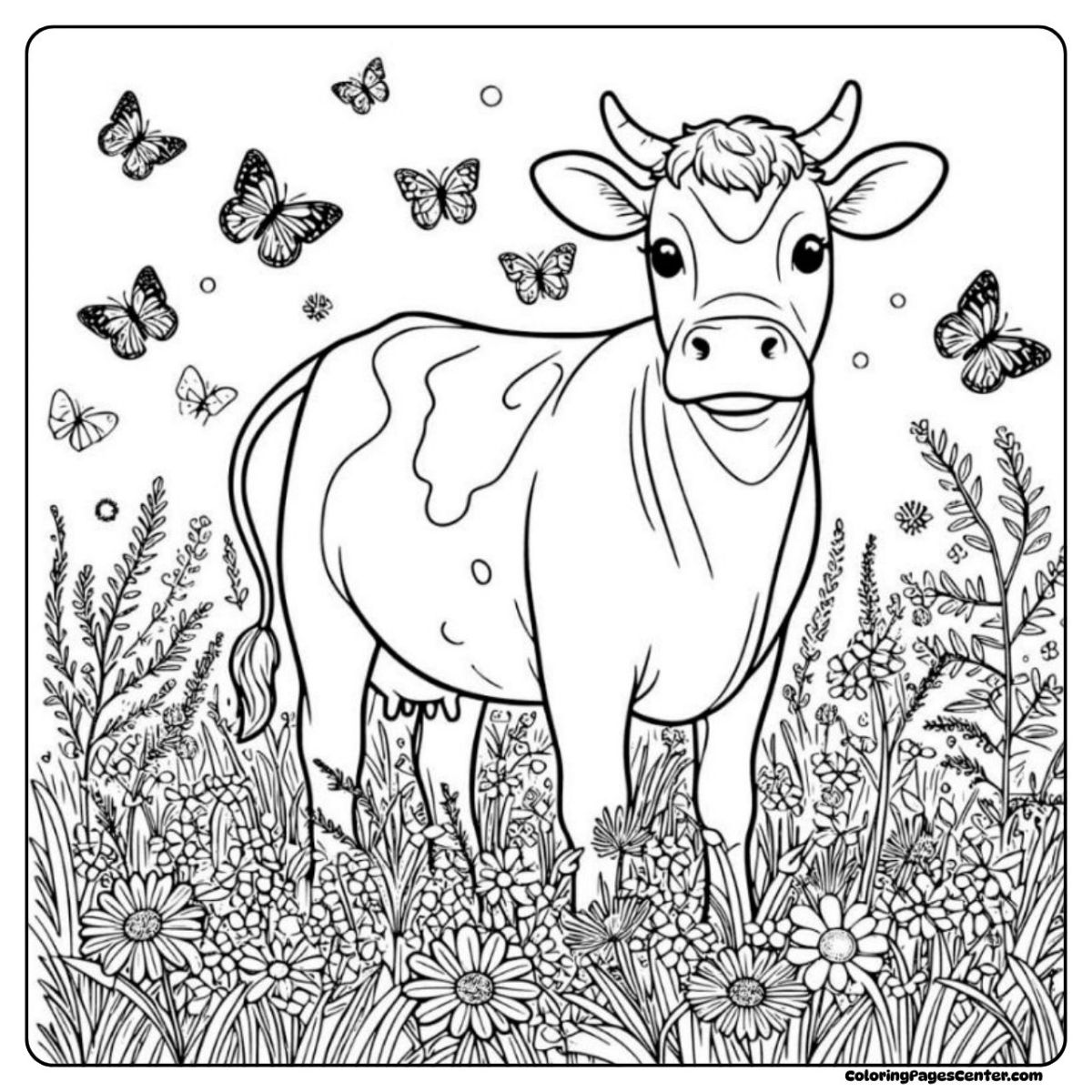Enjoy a holstein cow coloring page full of butterflies and wild garden flowers This holstein cow coloring page shows butterflies fluttering above tall meadow flowers