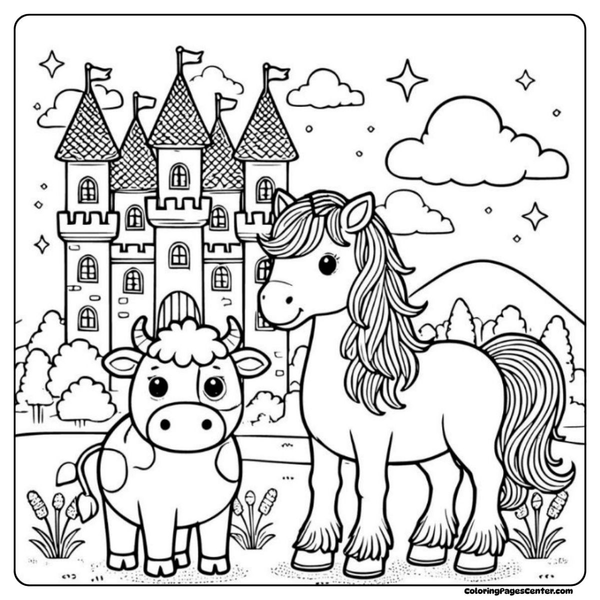 Horse and cow coloring scene with fantasy castle in the background