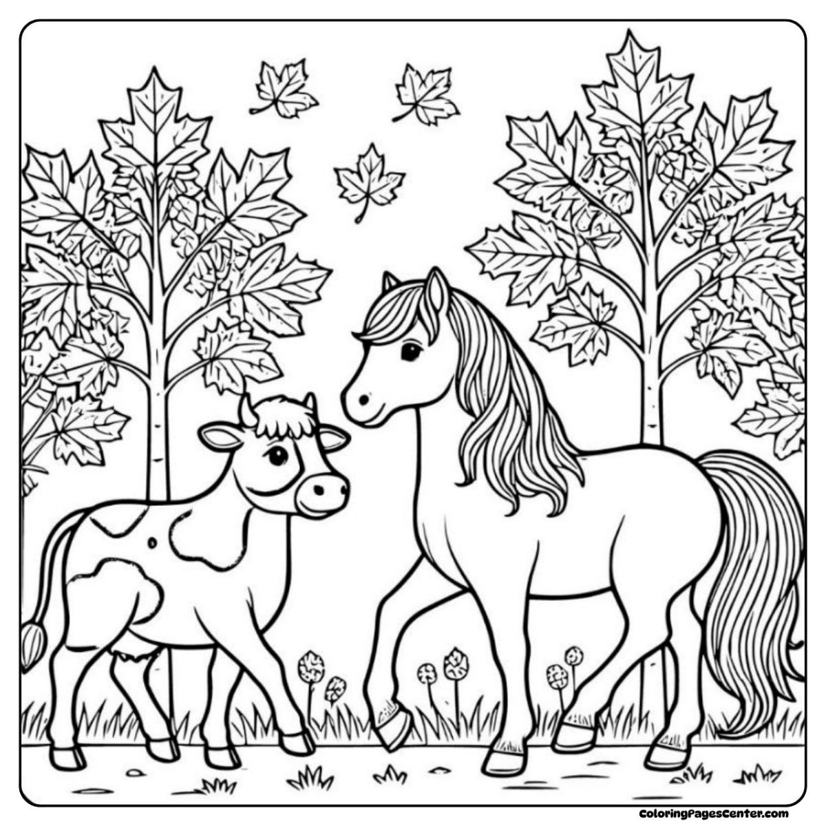 Horse and cow coloring image with leaves falling in autumn woods