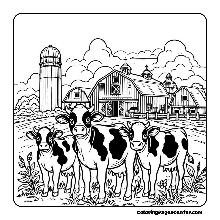Cow coloring pages showing a barn and cows on a wide farm