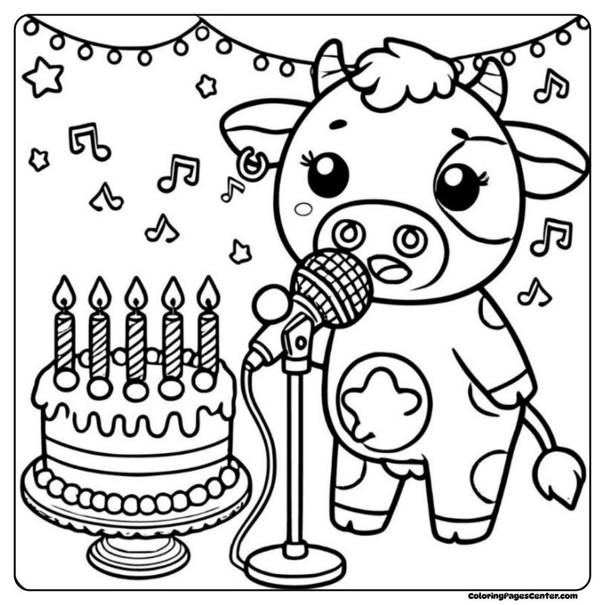 Festive Cow Birthday Coloring Page with Singing and Bright Party Lights Happy Birthday Cow Coloring Page, Microphone, Music Notes, and Lively Scene