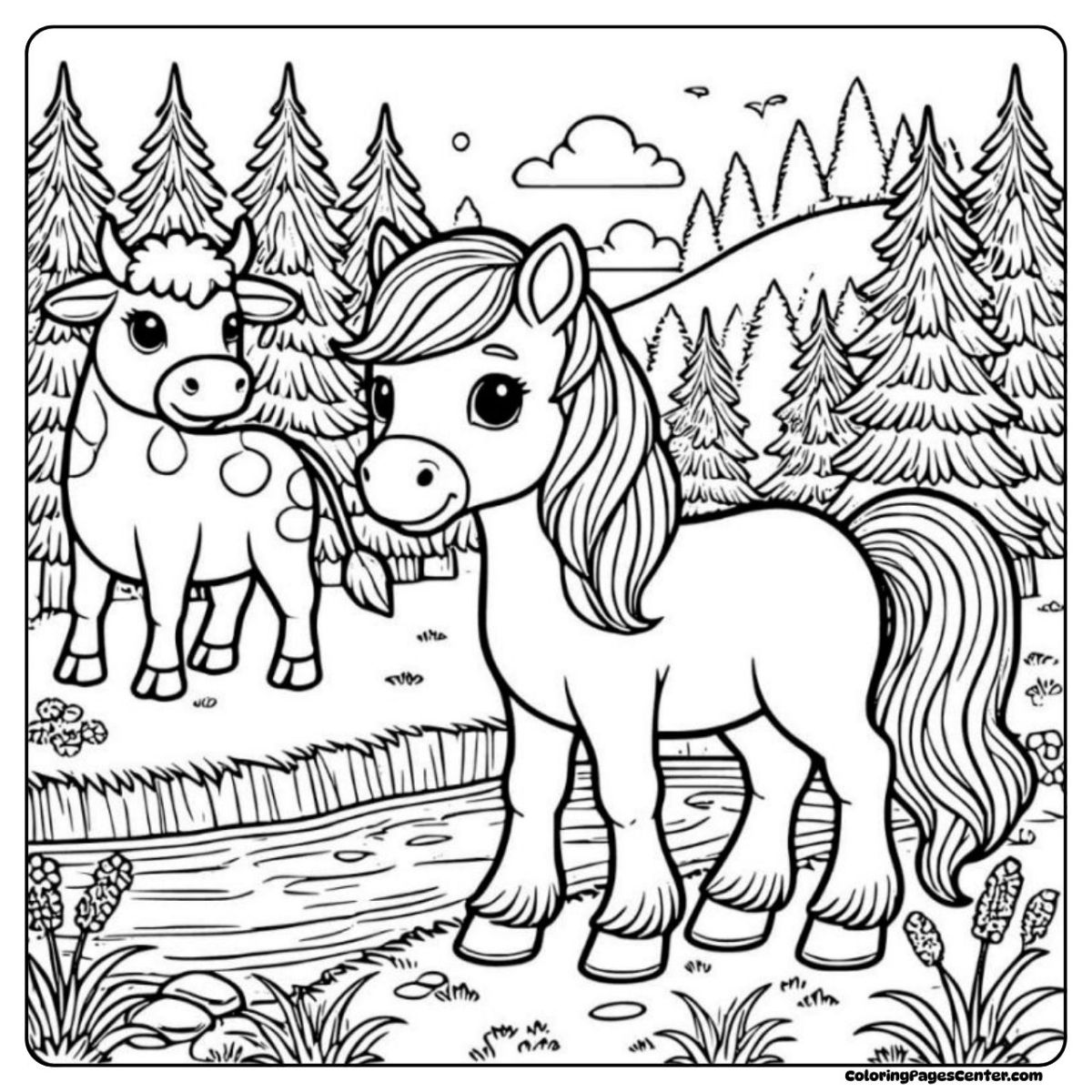 Horse and cow coloring image in a quiet pine forest by a stream