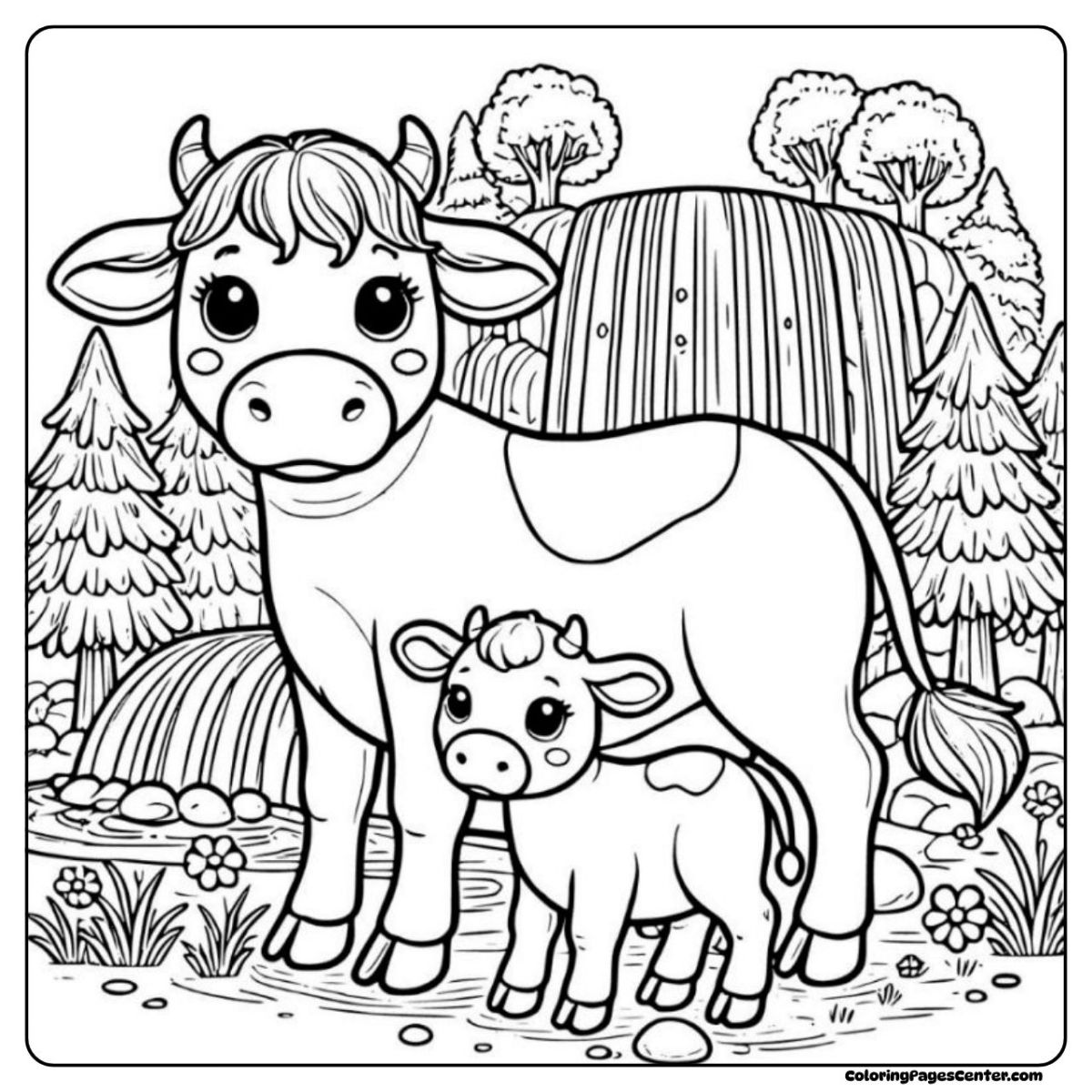 Cow and calf coloring page near river and tall pine trees