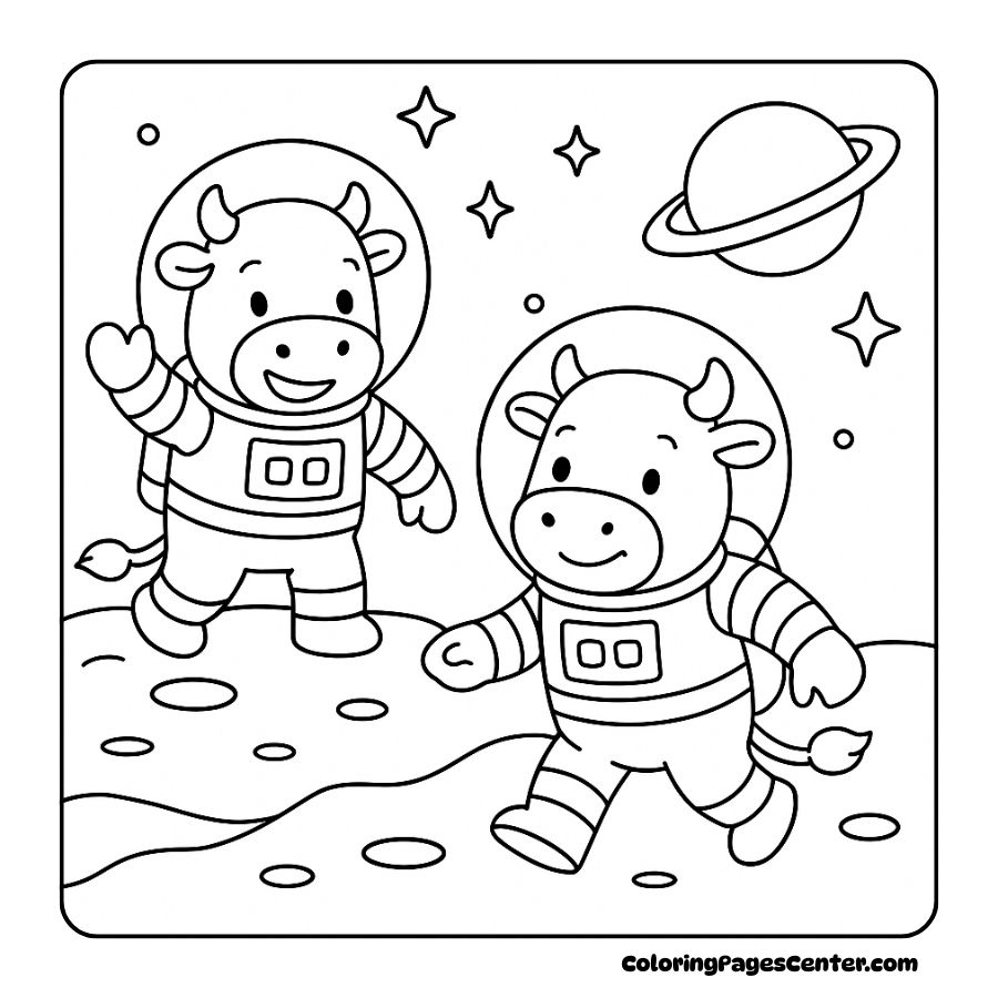 Cow coloring pages of two cows on a spacewalk adventure