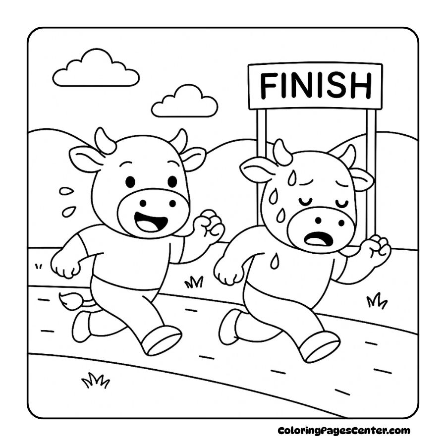 Cow coloring pages showing a running race with cartoon cows