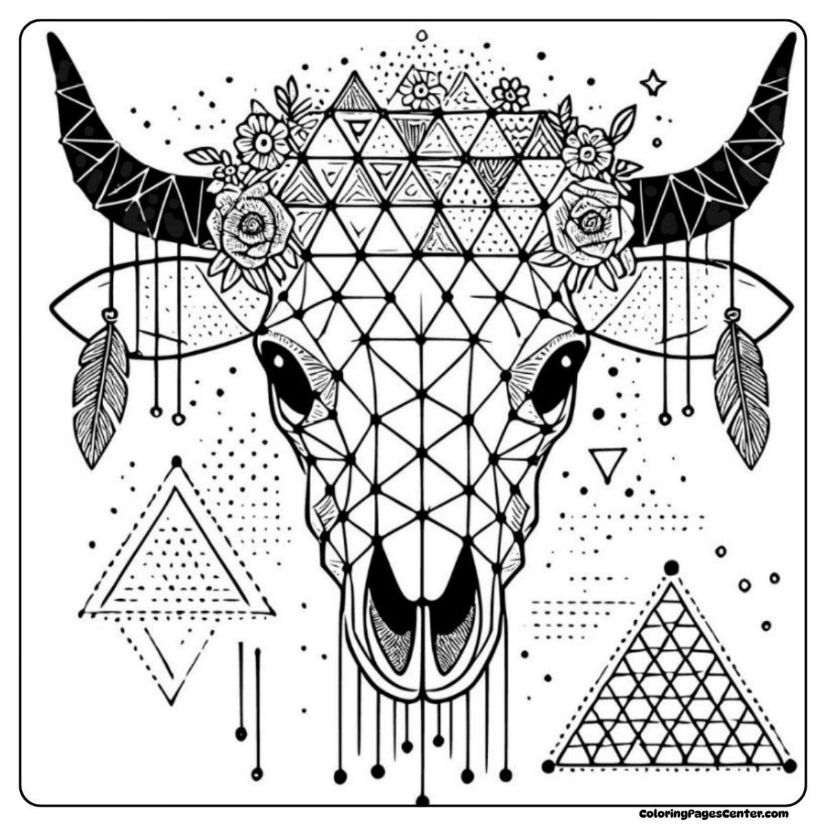 Geometric cow skull coloring page with a modern twist Cow skull coloring page designed with geometric shapes and fine triangles