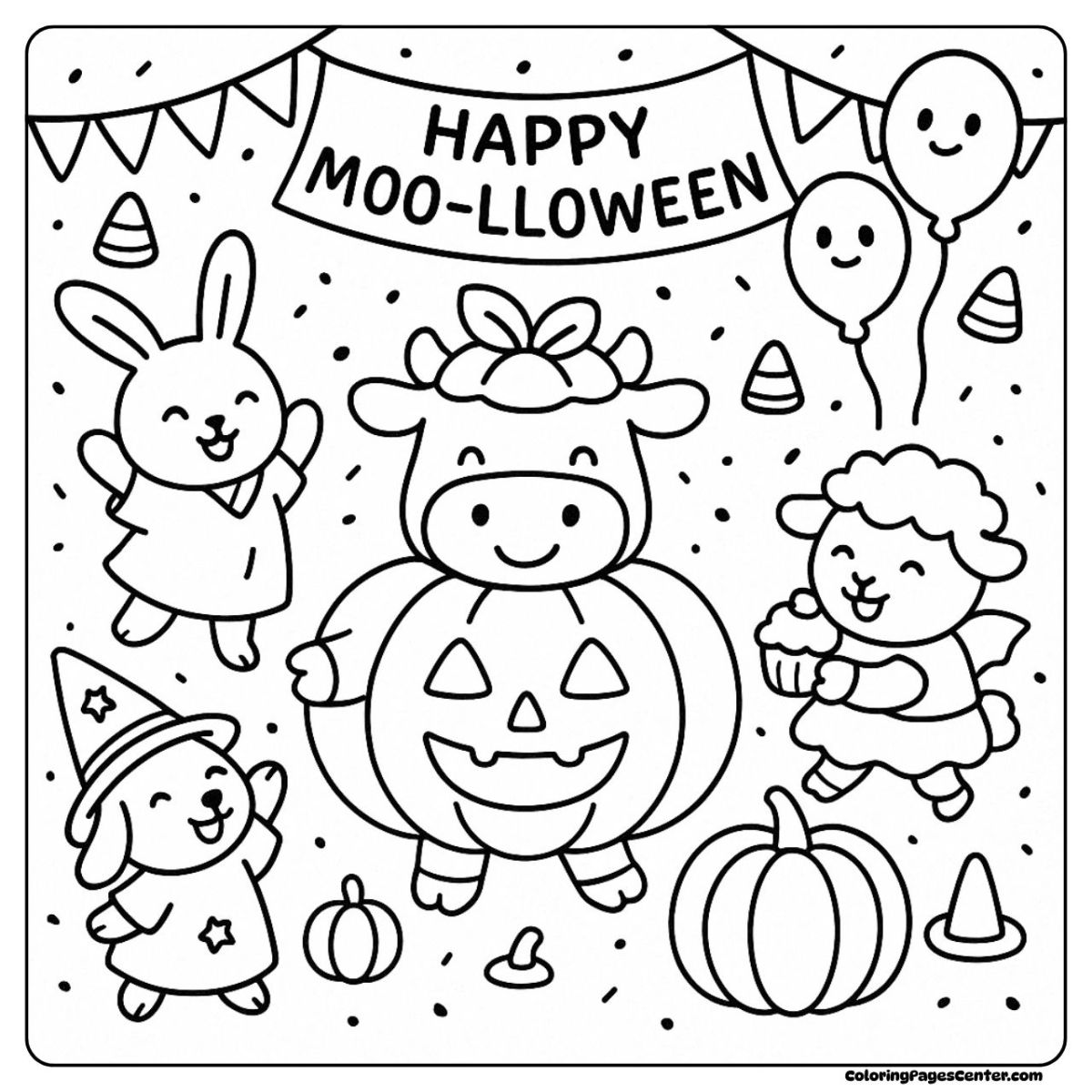 Halloween cow coloring page with animal friends celebrating