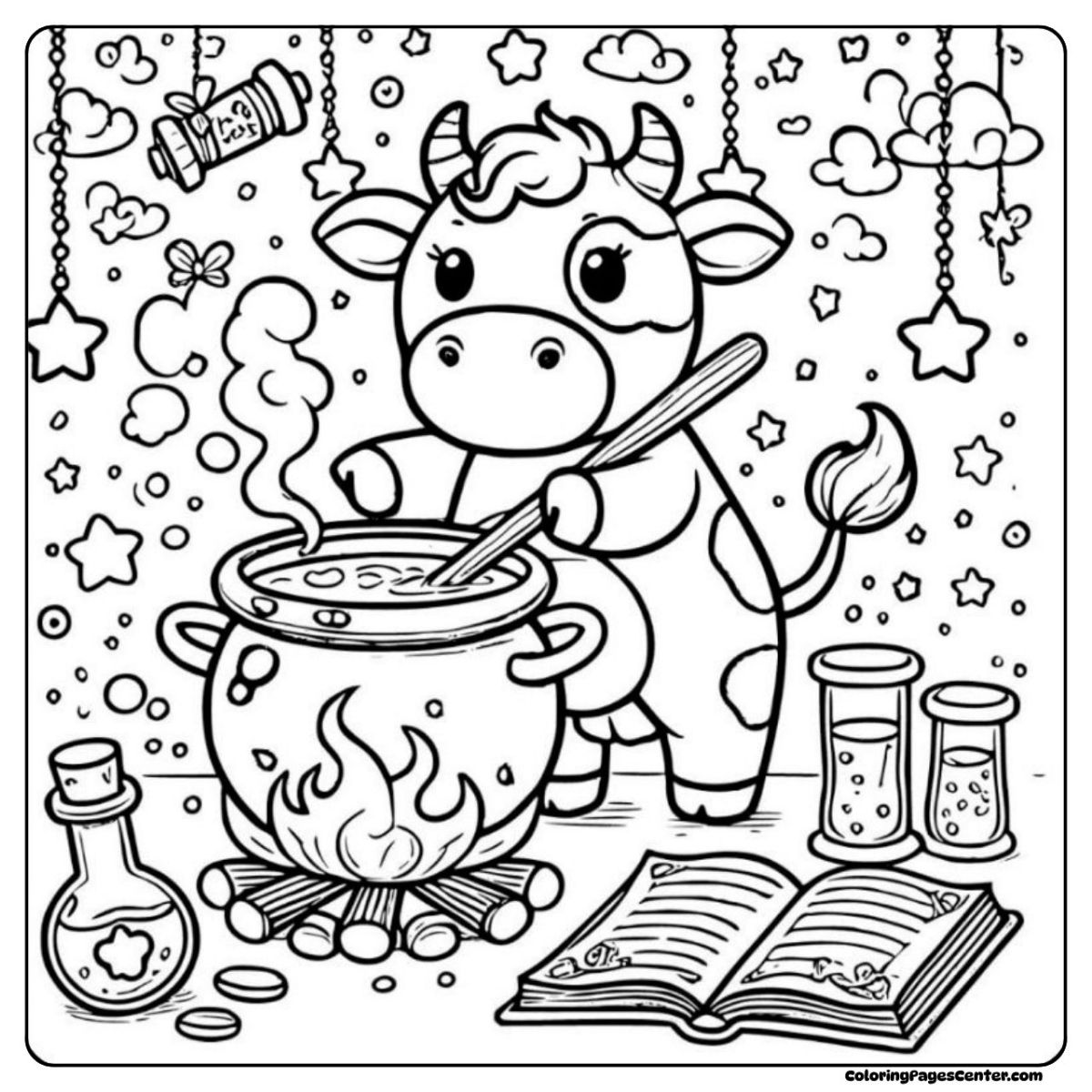 Halloween cow coloring page stirring magic brew with potions
