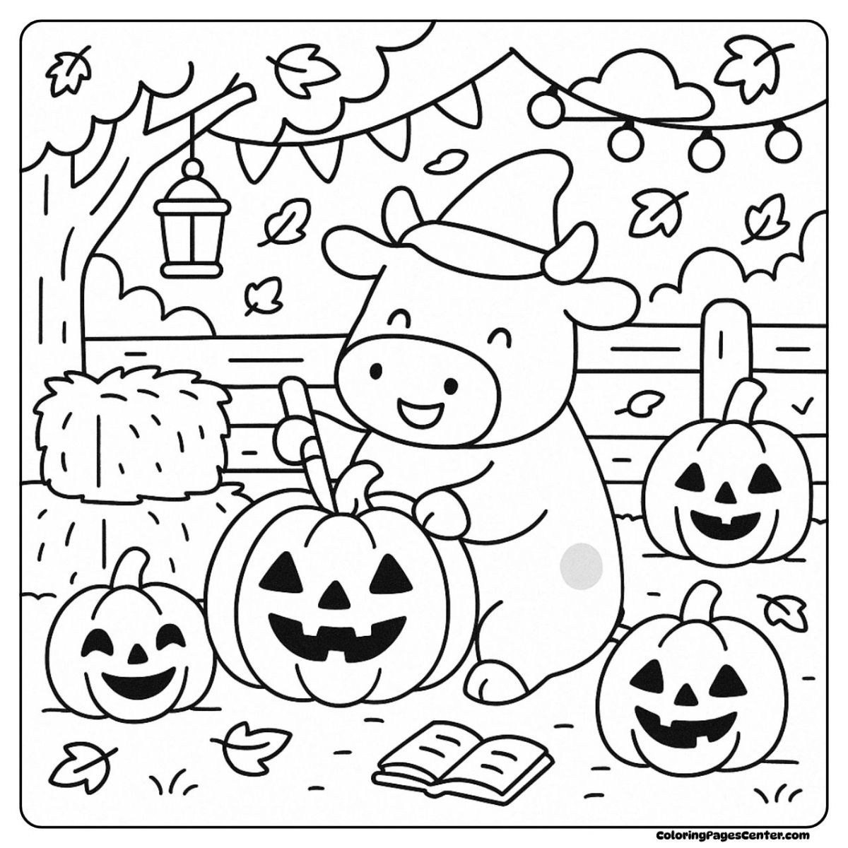 Halloween cow coloring page with pumpkins and carving tools