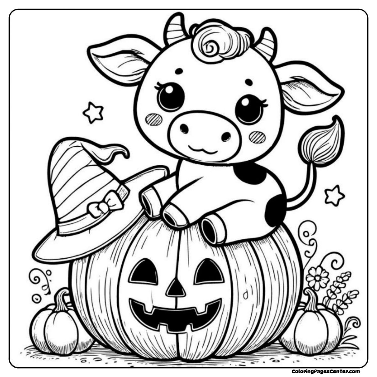 Halloween cow coloring page vampire costume with cape and fangs