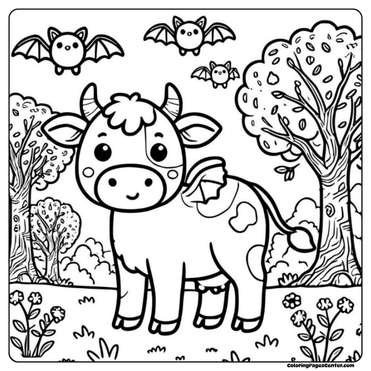 Halloween cow coloring page with bat wings under moonlight