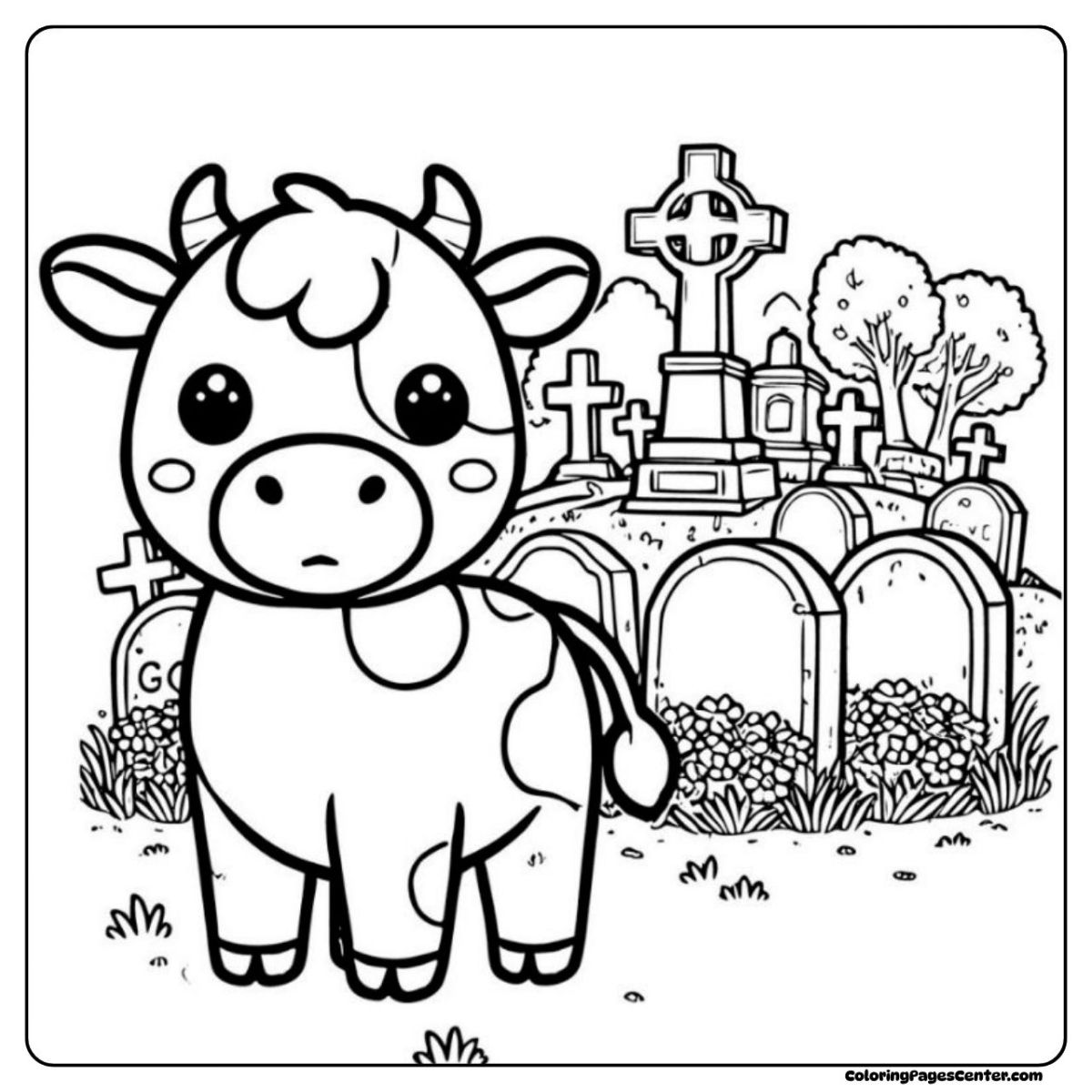 Halloween cow coloring page with tombstones and trees