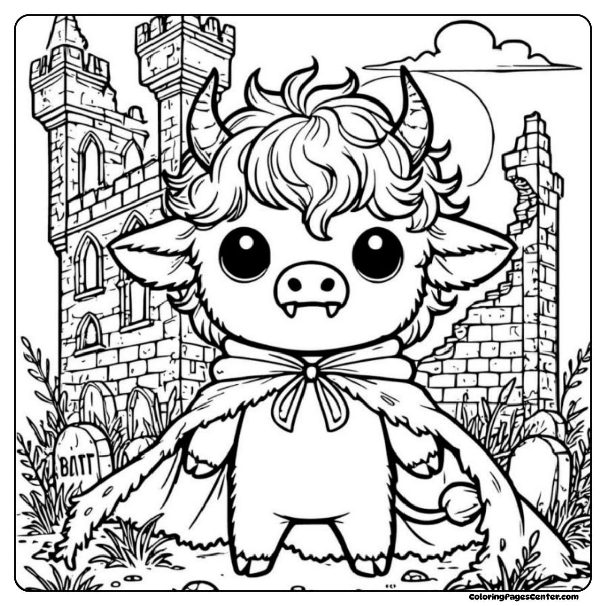 Halloween cow coloring page in front of spooky castle at night