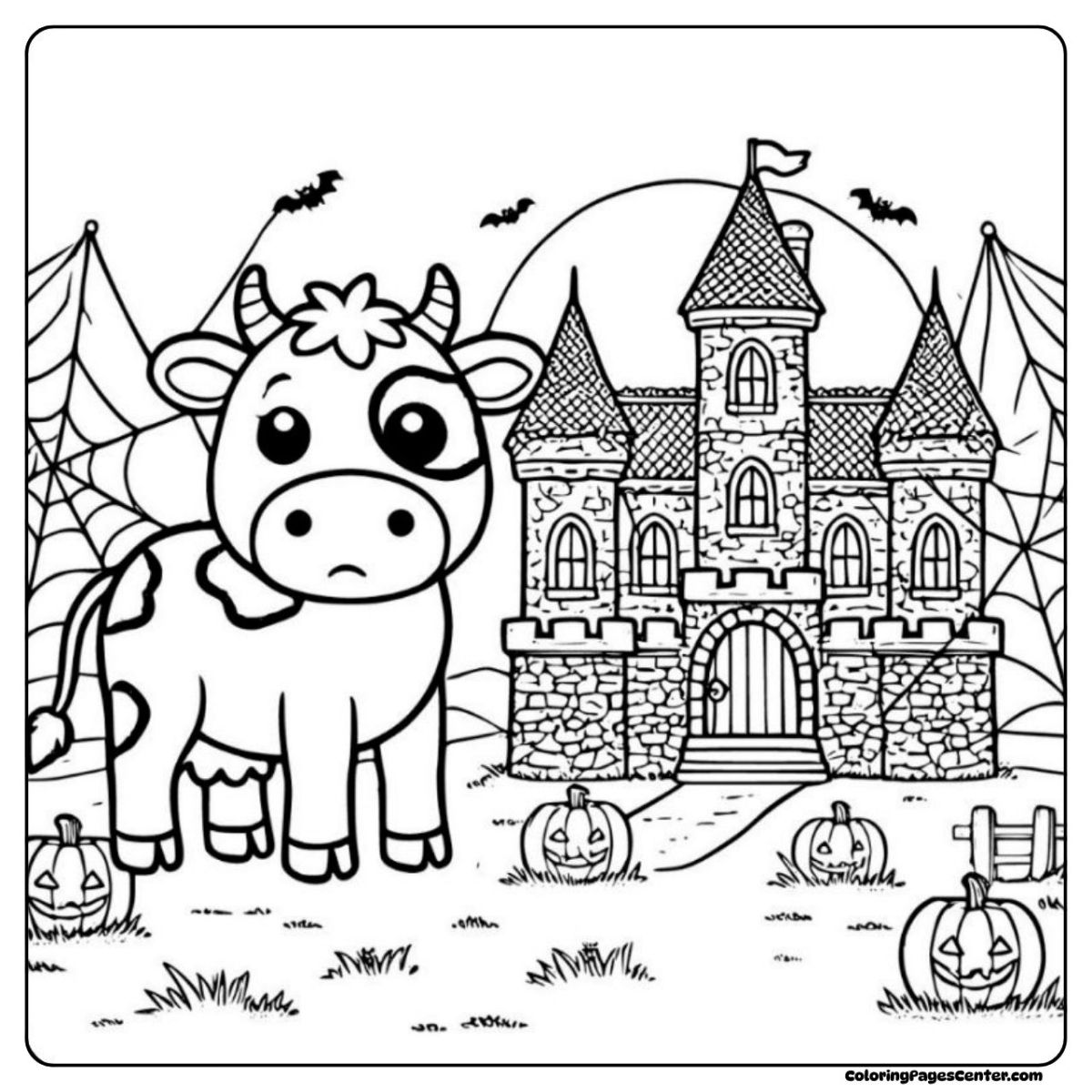 Halloween cow coloring page with castle and pumpkins in garden