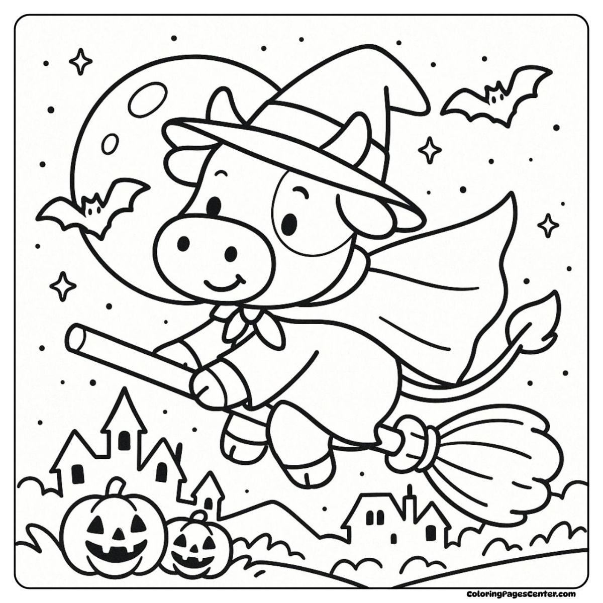 Halloween cow coloring page riding broom in full moon sky