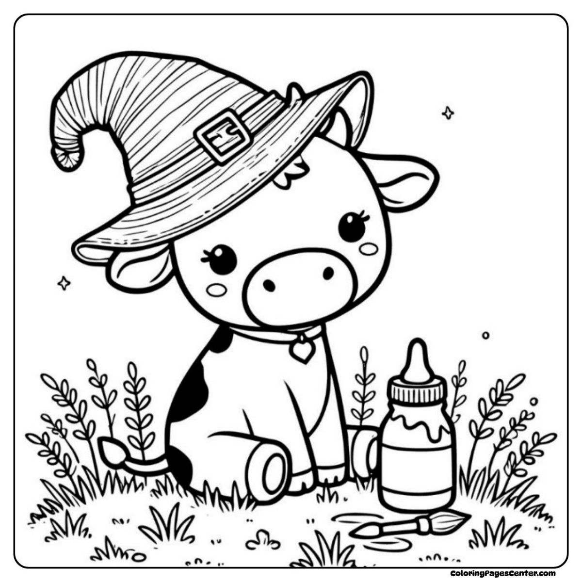 Baby Halloween cow coloring page with a brush and paint